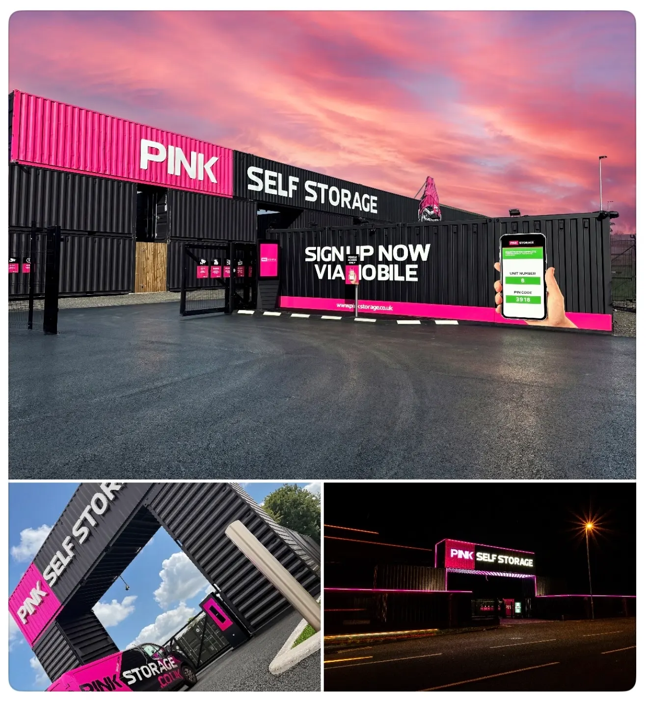 Photo collage of Pink Self Storage's Kirkby-in-Ashfield facility with black shipping container storage units, bright pink self storage branding, secure gated vehicle access, and mobile sign-up advert, shown in daytime and night.